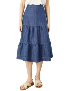 Monsoon Hemp Denim Tiered Midi Skirt| Denim Blue -Trendy Rae Sales kf501 34067639 2