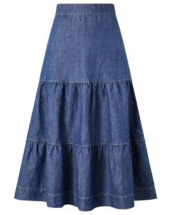 Monsoon Hemp Denim Tiered Midi Skirt| Denim Blue