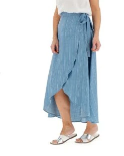 Blue Stripe Soft Lyocell Denim Wrap Maxi Skirt| Blue Stripe
