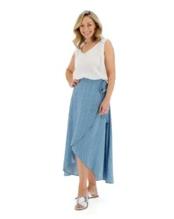 Blue Stripe Soft Lyocell Denim Wrap Maxi Skirt| Blue Stripe -Trendy Rae Sales q01tc440710w