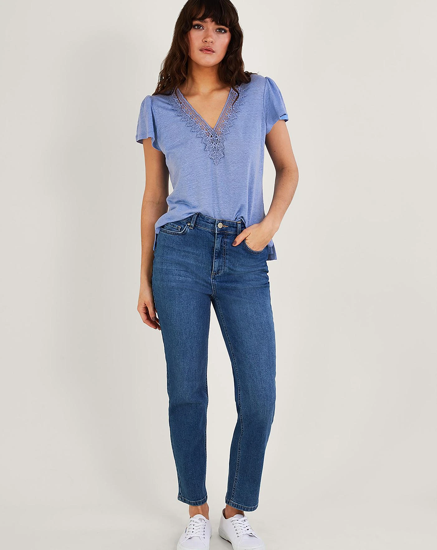 Monsoon Lace V-Neck Short Sleeve Top| Blue 4 Monsoon Lace V-Neck Short Sleeve Top| Blue - Image 2