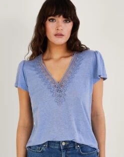 Monsoon Lace V-Neck Short Sleeve Top| Blue 8 Monsoon Lace V-Neck Short Sleeve Top| Blue -Trendy Rae Sales ru413 54064402 2