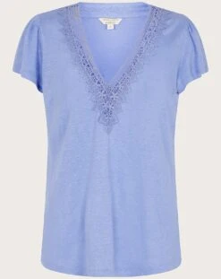 Monsoon Lace V-Neck Short Sleeve Top| Blue