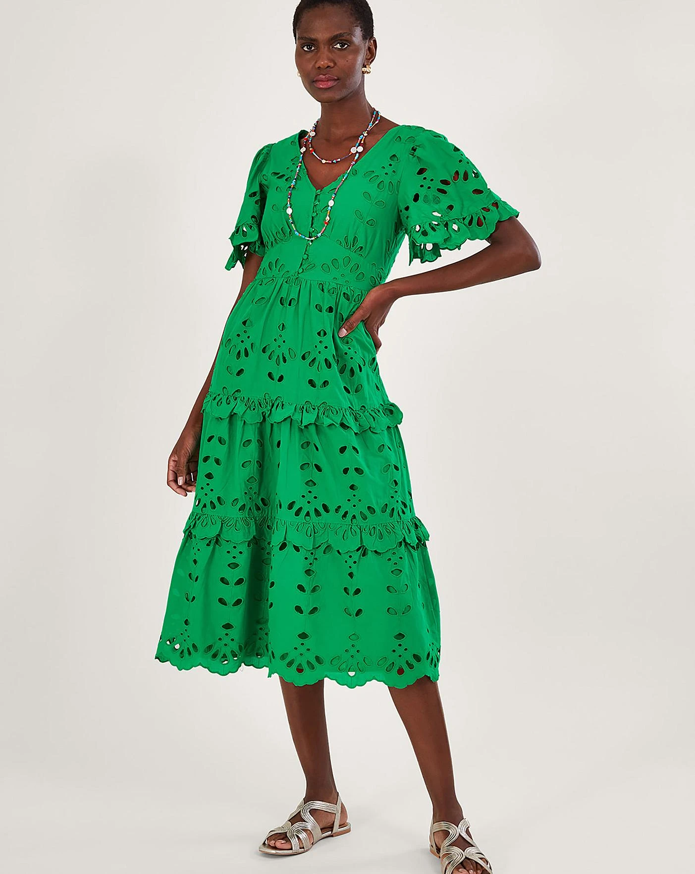 Monsoon V-Neck Tiered Broderie Dress| Green 4 Monsoon V-Neck Tiered Broderie Dress| Green - Image 2