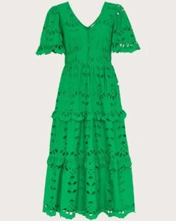 Monsoon V-Neck Tiered Broderie Dress| Green