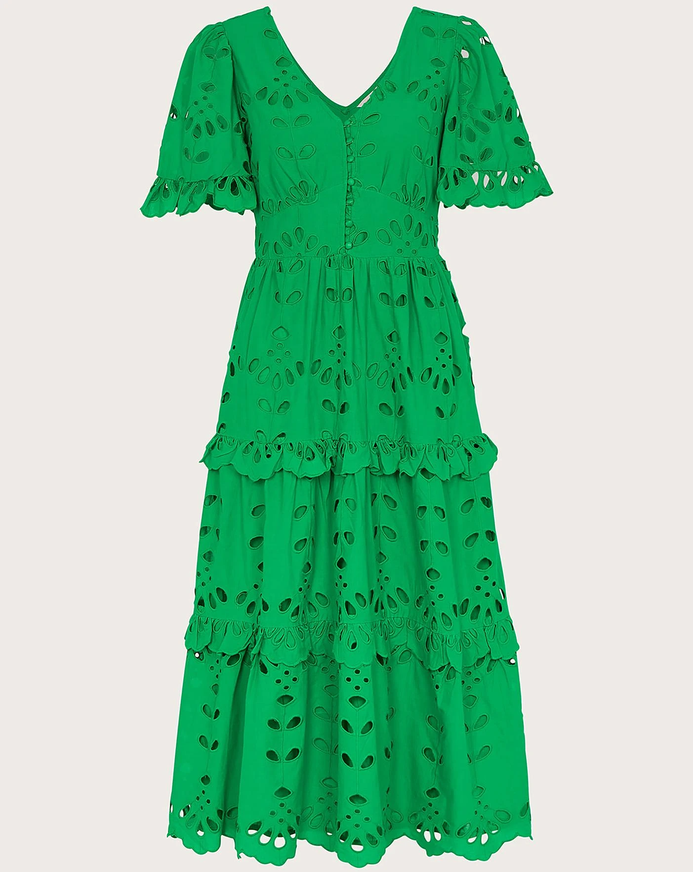 Monsoon V-Neck Tiered Broderie Dress| Green 3 Monsoon V-Neck Tiered Broderie Dress| Green
