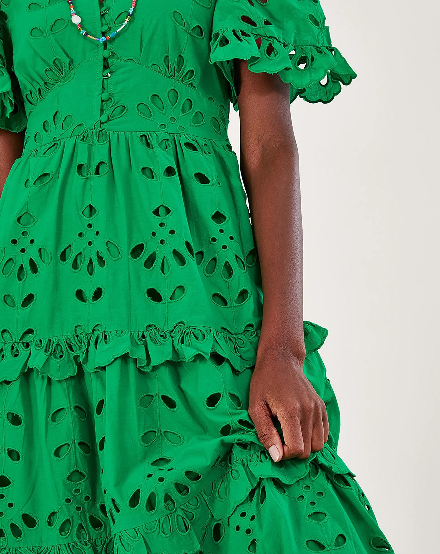 Monsoon V-Neck Tiered Broderie Dress| Green 6 Monsoon V-Neck Tiered Broderie Dress| Green - Image 4