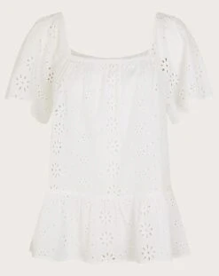 Monsoon Plain Schiffli Top| White