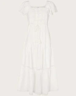 Monsoon Woven Mixed Fabric Midi Dress| White
