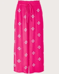 Monsoon Embroidered Motif Wide Trousers| Pink