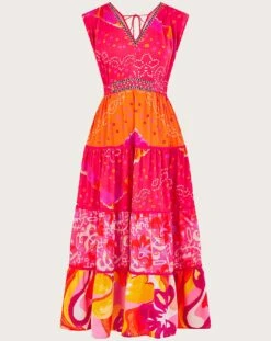 Monsoon Bandhani Contrast Midi Dress| Red