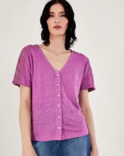 Monsoon Button Lace Linen T-Shirt| Purple -Trendy Rae Sales uj351 54062704 2