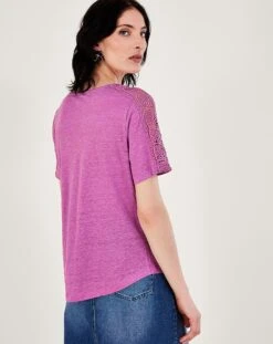 Monsoon Button Lace Linen T-Shirt| Purple
