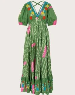 Monsoon Embroidered Chevron Dress| Green