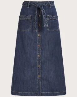 Monsoon Plait Pocket Denim Midi Skirt| Denim Blue