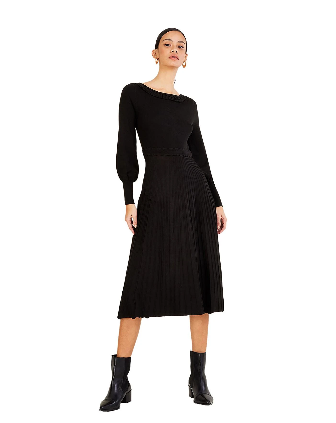 Monsoon Pleat Trim Slash Neck Midi Dress| Black 4 Monsoon Pleat Trim Slash Neck Midi Dress| Black - Image 2