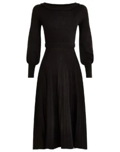 Monsoon Pleat Trim Slash Neck Midi Dress| Black