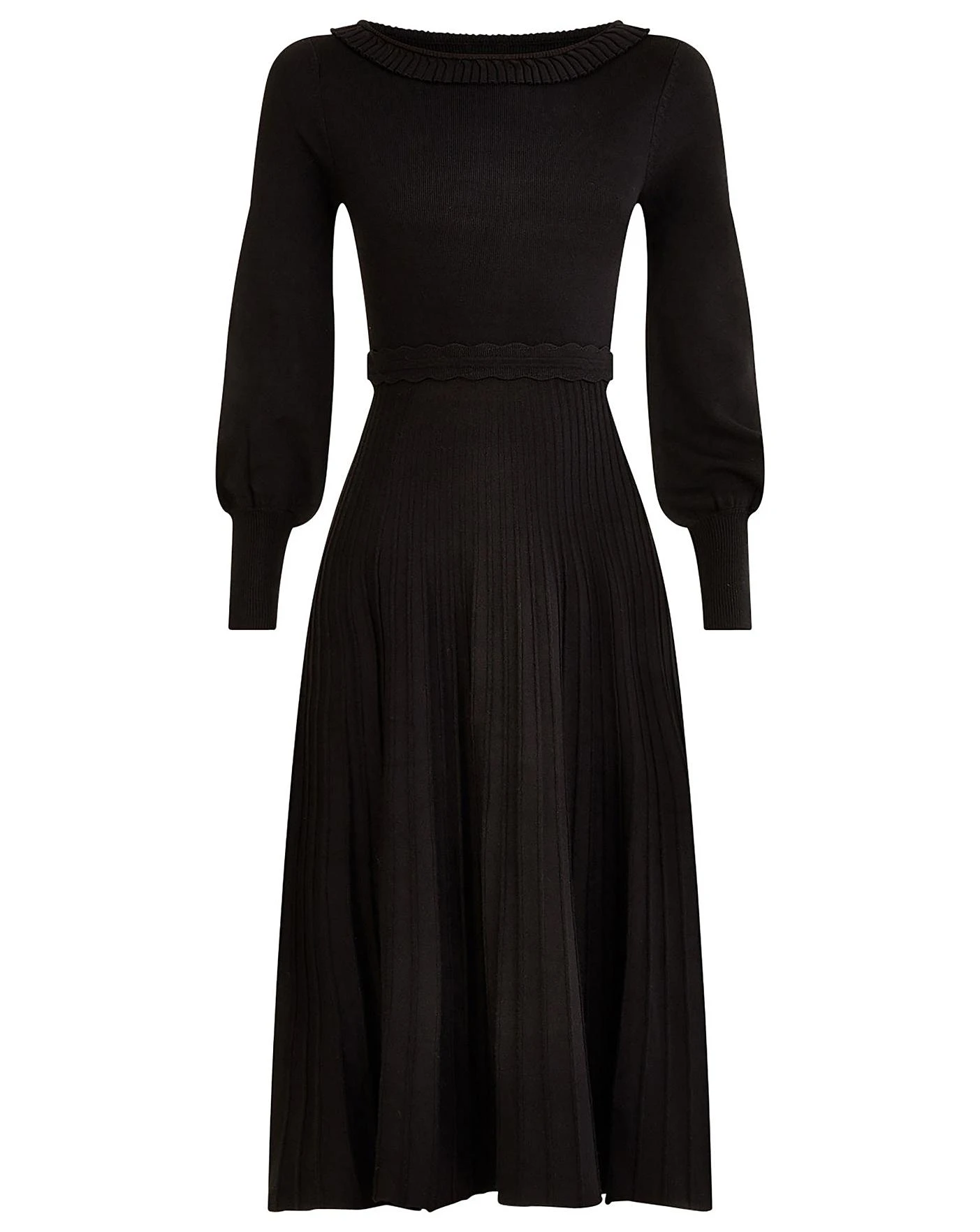 Monsoon Pleat Trim Slash Neck Midi Dress| Black 3 Monsoon Pleat Trim Slash Neck Midi Dress| Black