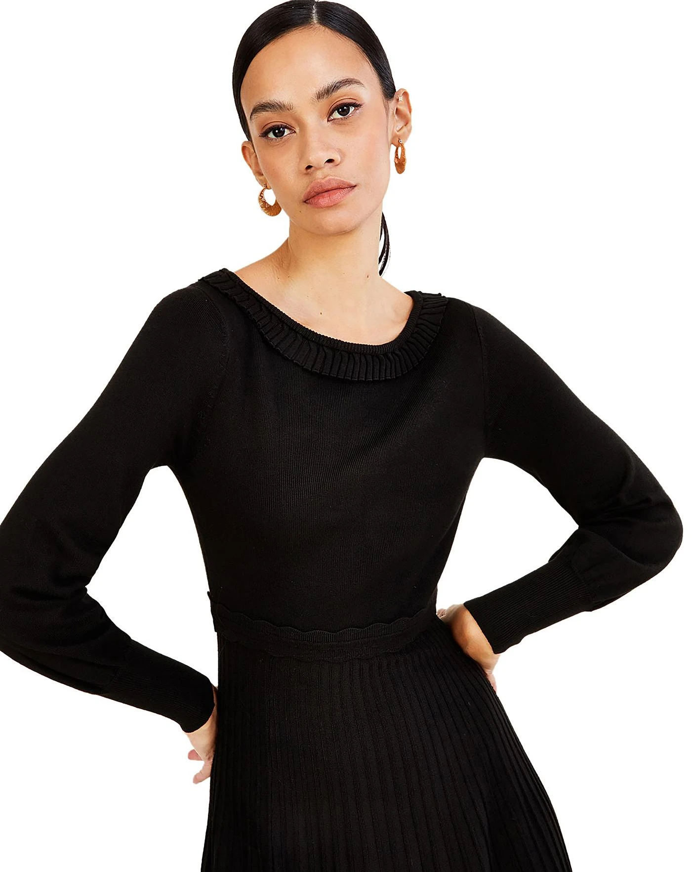 Monsoon Pleat Trim Slash Neck Midi Dress| Black 6 Monsoon Pleat Trim Slash Neck Midi Dress| Black - Image 4