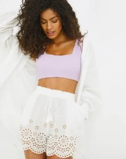 Vibrant Islands Cotton Broderie Anglais Beach Shorts| White