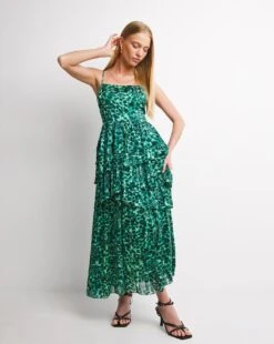 Whistles WaterColour Wildcat Tier Dress| Green Multicolour -Trendy Rae Sales w01ie012742w