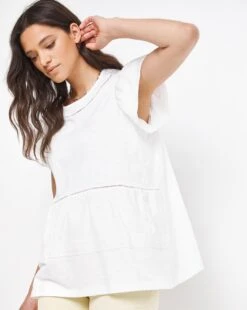White Cotton Lace Insert Frill Sleeve Swing Top| White
