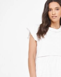 White Cotton Lace Insert Frill Sleeve Swing Top| White -Trendy Rae Sales w01vg749739w