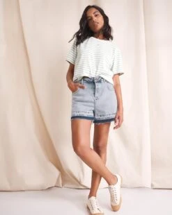 Anise Iris Bleach Wash Released Hem High Waisted Denim Shorts| Bleach Wash