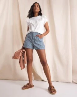 Anise Tahlia Blue Stripe High Waisted Shorts| Blue Stripe