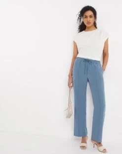 Blue Lyocell Pull On Wide Leg Trouser| Blue