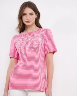 Julipa Embroidered Stripe T-Shirt| Pink