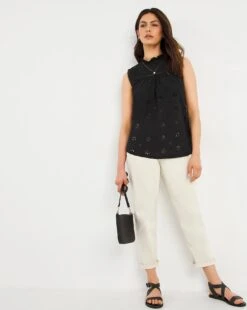 Julipa Broderie Front Jersey Back Top| Black -Trendy Rae Sales w07zq516726w