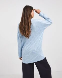 Misty Blue Sequin Knit Look Long Sleeve Split Hem Tunic| Misty Blue -Trendy Rae Sales x01ai796706w