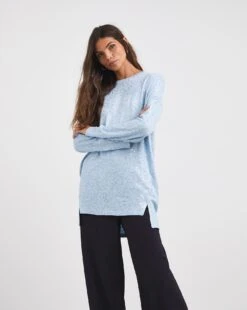 Misty Blue Sequin Knit Look Long Sleeve Split Hem Tunic| Misty Blue