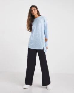 Misty Blue Sequin Knit Look Long Sleeve Split Hem Tunic| Misty Blue -Trendy Rae Sales x01ai796708w