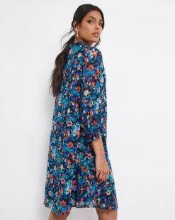 Trapeze Swing Dress With Tie Neck And Shirred Detail| Blue Floral -Trendy Rae Sales x01fh825746w