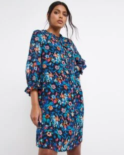 Trapeze Swing Dress With Tie Neck And Shirred Detail| Blue Floral -Trendy Rae Sales x01fh825747w
