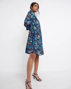 Trapeze Swing Dress With Tie Neck And Shirred Detail| Blue Floral