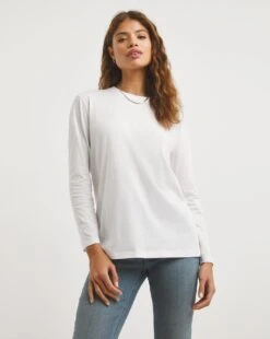White Basic Crew Neck Long Sleeve Jersey T-Shirt| White