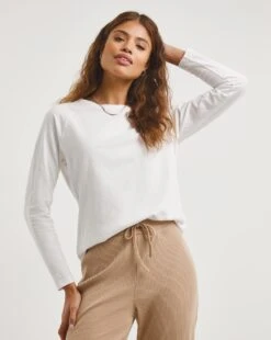 White Raglan Long Sleeve Cotton Slub Jersey Top| White