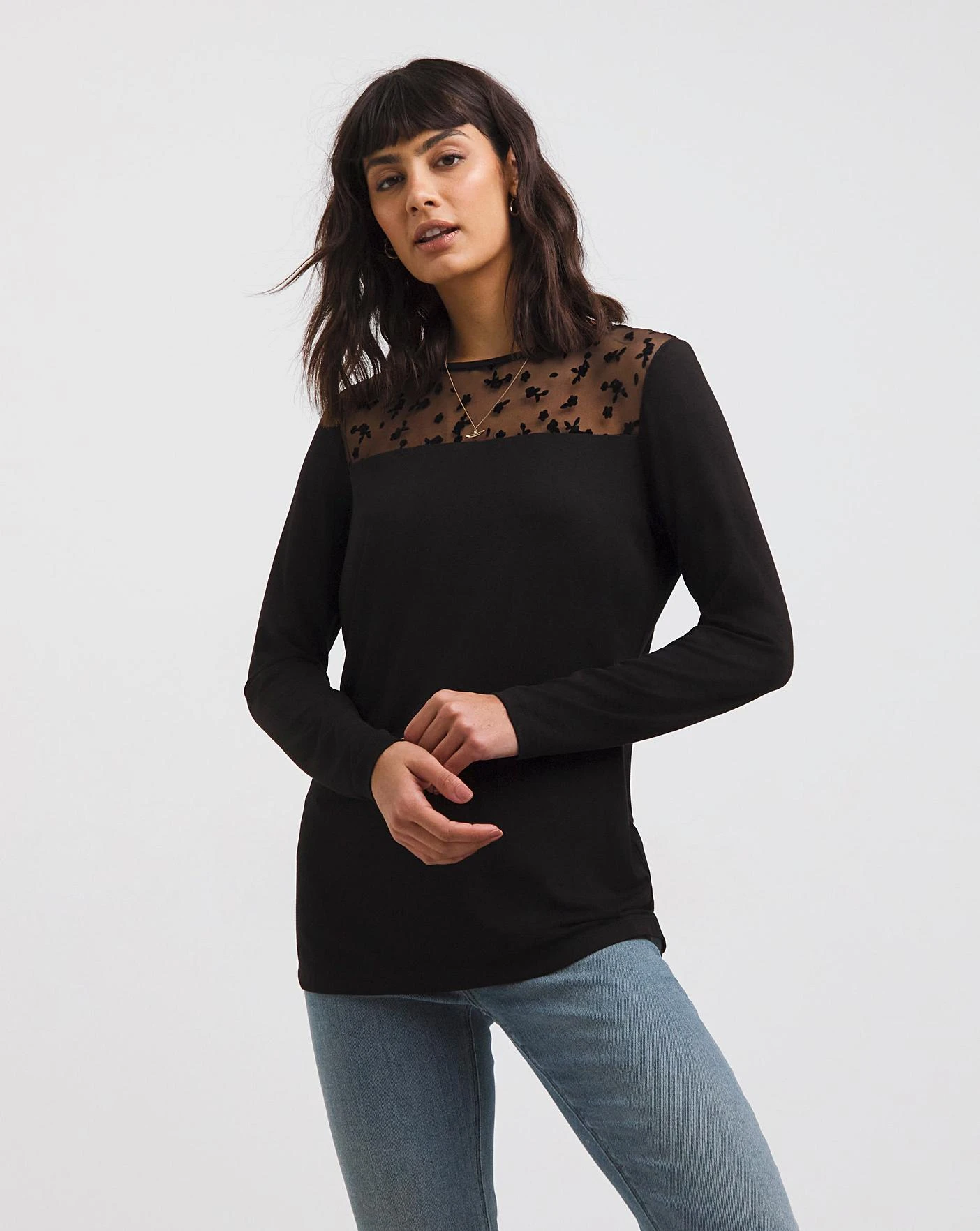 Black Floral Short Sleeve Flock Mesh Button Back Detail Top| Black 3 Black Floral Short Sleeve Flock Mesh Button Back Detail Top| Black