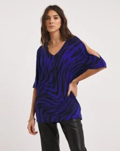 Cobalt Swirl Three Quarter Sleeve Cold Shoulder Relaxed Tunic| Blue Swirl