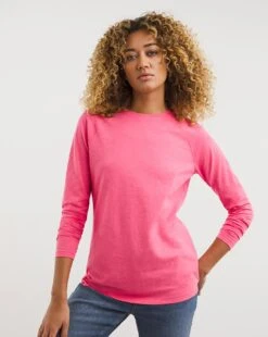 Pink Cotton Slub Raglan Long Sleeve Top| Pink