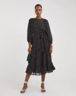 Balloon Sleeve Silver Dobby Spot Smock Dress| Black Silver -Trendy Rae Sales x01gh483760w