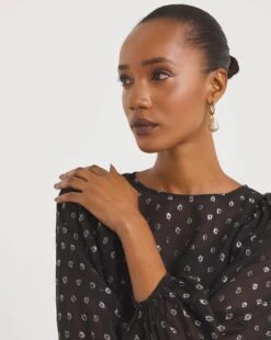 Balloon Sleeve Silver Dobby Spot Smock Dress| Black Silver -Trendy Rae Sales x01gh483762w