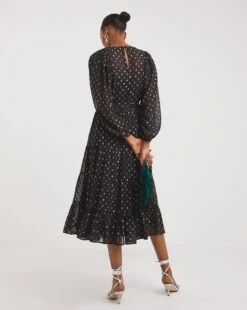 Balloon Sleeve Silver Dobby Spot Smock Dress| Black Silver -Trendy Rae Sales x01gh483763w