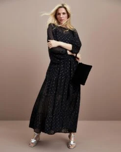 Balloon Sleeve Silver Dobby Spot Smock Dress| Black Silver