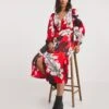Button Front Matte Satin Tea Dress| Red Floral