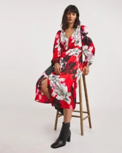 Button Front Matte Satin Tea Dress| Red Floral