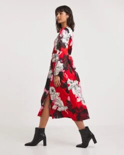 Button Front Matte Satin Tea Dress| Red Floral 8 Button Front Matte Satin Tea Dress| Red Floral -Trendy Rae Sales x01gh552732w